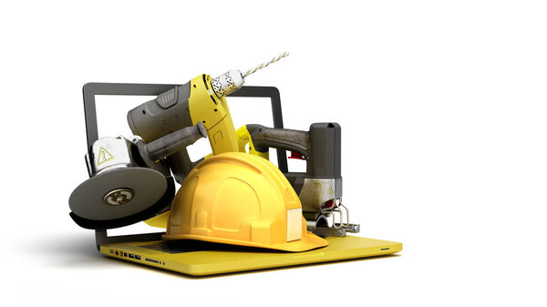 Онлайн расчет затрат на строительство строительных материалов вылетают с ноутбука с пустым экраном 3D рендеринг на белом