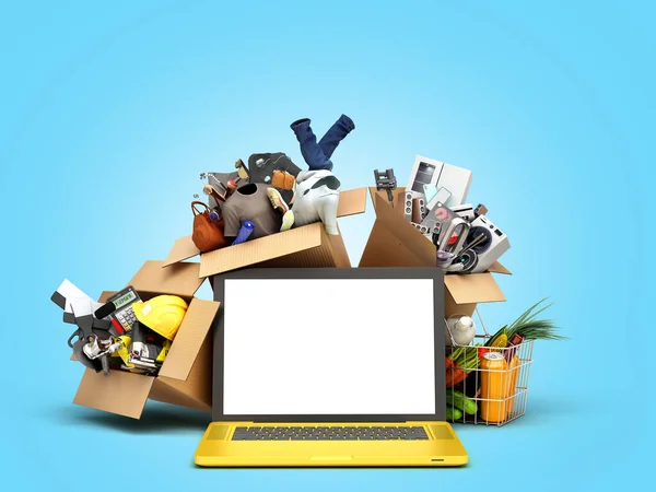 online ordering of goods from a hypermarket Products clothing and household appliances in boxes over laptop with blank screen 3d render on blue gradient