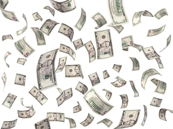Beyaz arka plan üzerinde uçan 5 dolar faturaları