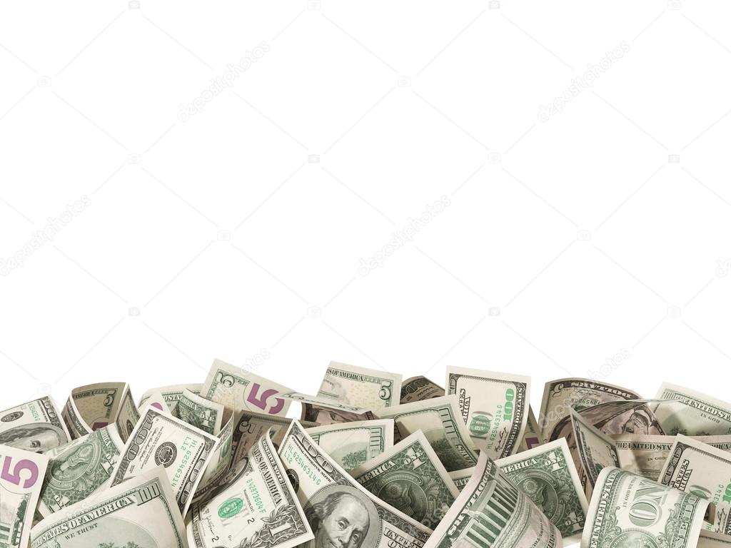 Heap of 1,5 and 100 Dollar Bills isolated on white background wi