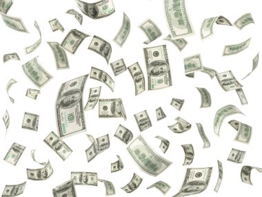Beyaz arka plan üzerinde uçan 100 dolar faturaları
