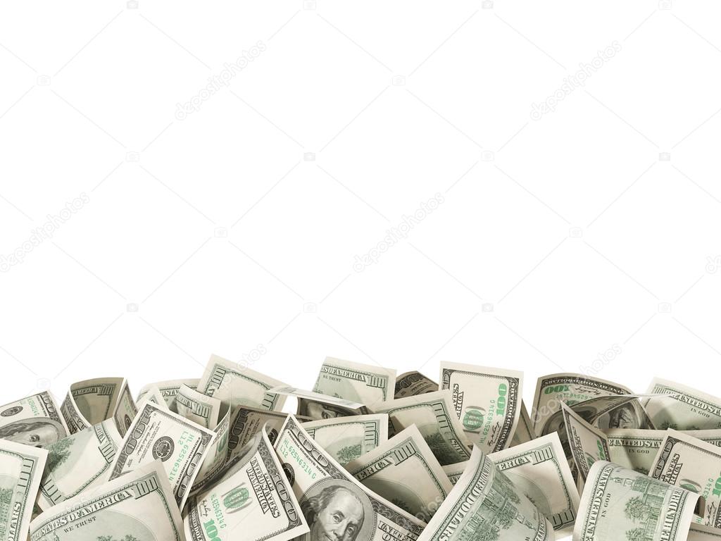 Heap of 100 Dollar Bills isolated on white background with place