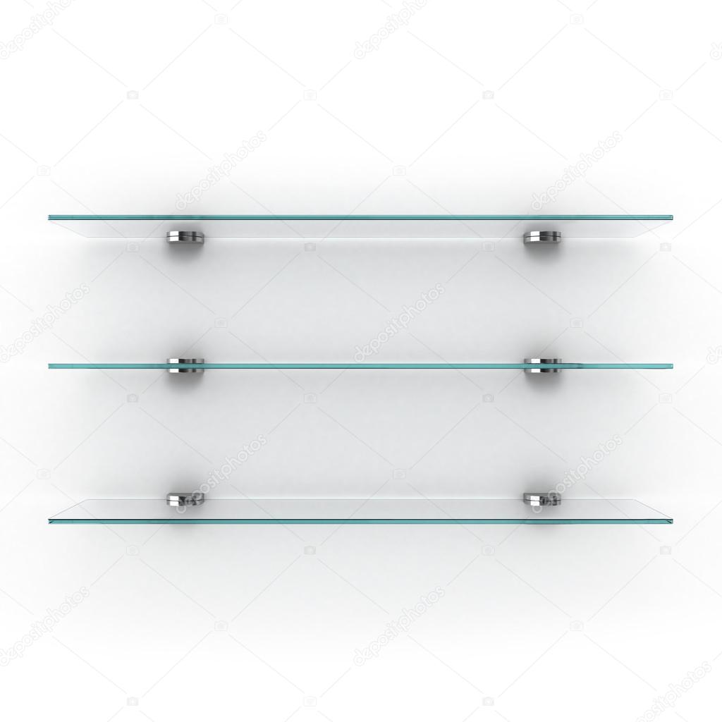empty glass shelves isolated on white background
