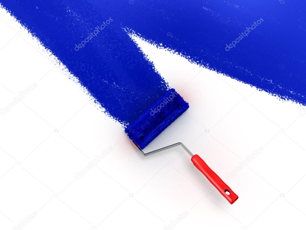 roller brush with blue paint wall
