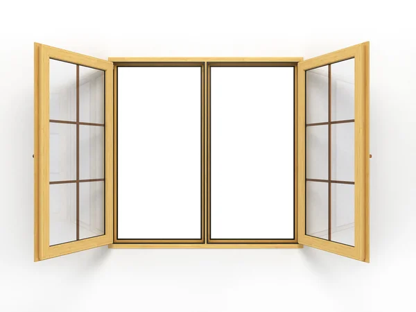 Janela de madeira aberta isolada no branco — Fotografia de Stock