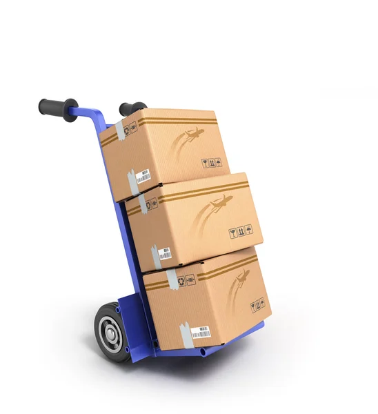 Conceito de entrega rápida, a caixa no carrinho de duas rodas — Fotografia de Stock
