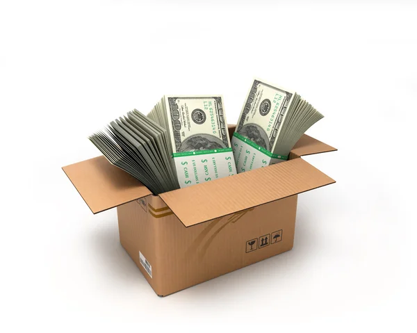 Pudełko z dużym dolarów rachunki na białym tle na białym tle — Zdjęcie stockowe