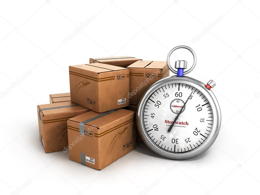 stopwatch next to the boxes, the concept of fast delivery