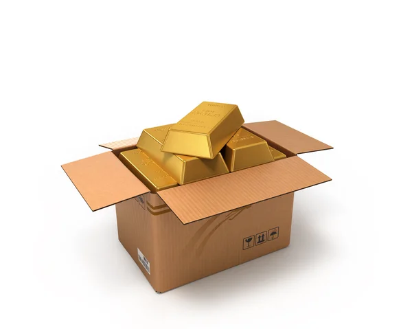 Ouro em uma caixa de papelão isolada em fundo branco — Fotografia de Stock