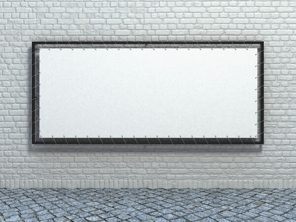 White stretch banner on brick wall background.
