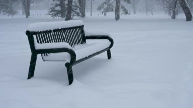 Karma ağaçlı ve metal banklı bir parka yoğun kar yağıyor. Hava soğuk ve sert görünüyor..