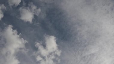 Dramatik beyaz ve gri bulutlarla dolu mavi bir gökyüzüne bakıyorum. Bulutlar farklı katmanlarda ve farklı hızlarda hareket ediyorlar..