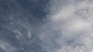 İnce ve kabarık beyaz ve gri bulutlarla dolu mavi bir gökyüzüne bakıyorum. Bulutlar farklı katmanlarda ve farklı hızlarda hareket ediyorlar..