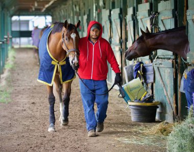 Oklahoma antrenörü Miguel Clement 'in Saratoga' daki antrenörlük antrenmanından sonra 2 yaşındaki Bay Colt 'u kazanan çarpıcı bir 