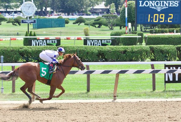 Irad Ortiz guiding the fast filly "Irish Danzing" to a dazzling 7 length win in her debut at Saratoga Racecourse this daughter of Danza, winner of the Arkansas Derby, won in a very fast 1:10.2 for the 6 furlong sprint.. Fleetphoto