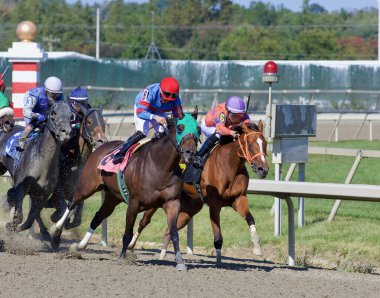 Grace 'in İzi' nde Inoel Beato, deniz köpüğü gözlüğü takıyor, Pennsylvania Derbisi 'nde Plum Pretty bahislerini kazanıyor. Filo fotoğrafı