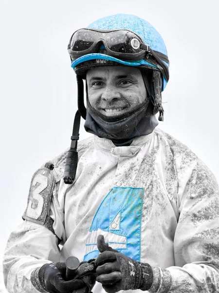 Winnende Jockey Jose Lezcano Draagt Aquaduct Huiszijde Bij Big Lichte — Stockfoto