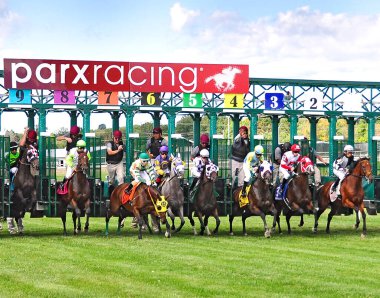 Pennsylvania Derbisi 'nde Parx' tan harika bir saha yarışı fotoğrafı. Alfabe Çorbası için başlangıç kapısından ayrılıyoruz. Filo fotoğrafı