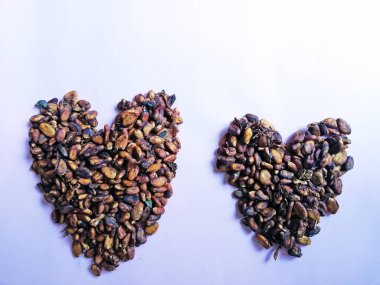 Cacao beans in heart or love form isolated on color background