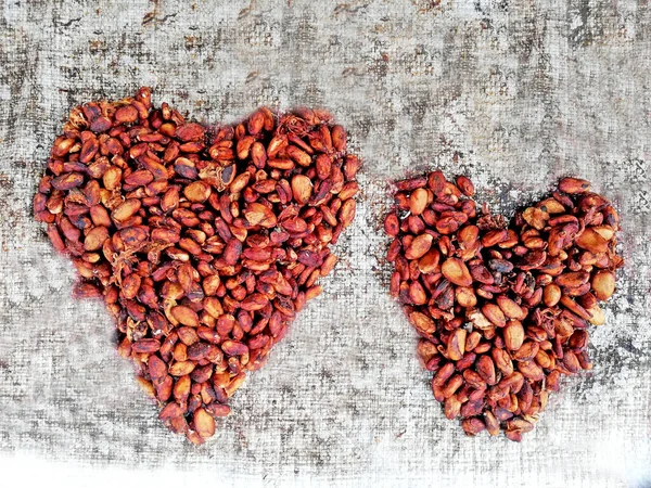Kakaobohnen Herz Oder Liebesform Auf Weißem Schmutzigem Hintergrund — Stockfoto