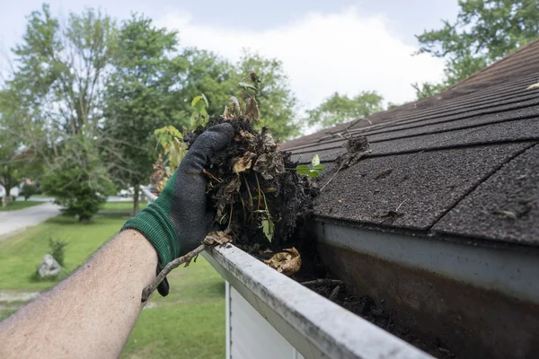 Nettoyage des gouttières remplies de feuilles et bâtons — Photo