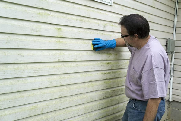 Contractor Removing Algae And Mold From Vinyl Siding — Stock Photo, Image