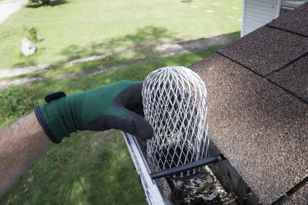 Contractor Installing A Down Spout Filter / Strainer — Stock Photo, Image