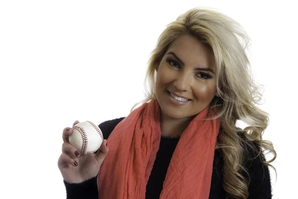 Pretty Blonde Girl Pink Scarf Holding Baseball Isolated Background — Stock Photo, Image
