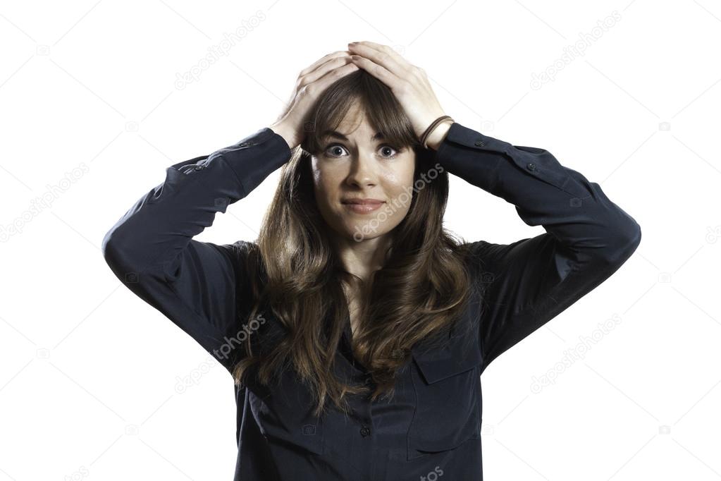 Frustrated Female Model Hands On Head Isolated White Background