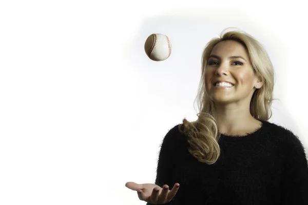 Pretty Blonde Black Shirt Tossing Up Baseball Isolated White Background — Stock Photo, Image