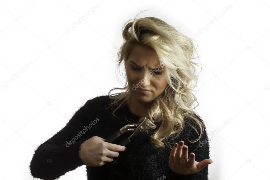 Pretty Blonde Confused Trying To Cut Hair with Pliers