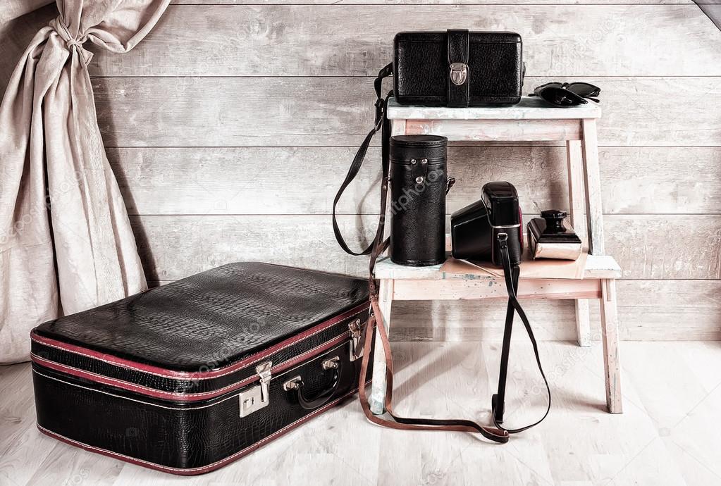 Group of vintage leather bags for photographic equipment