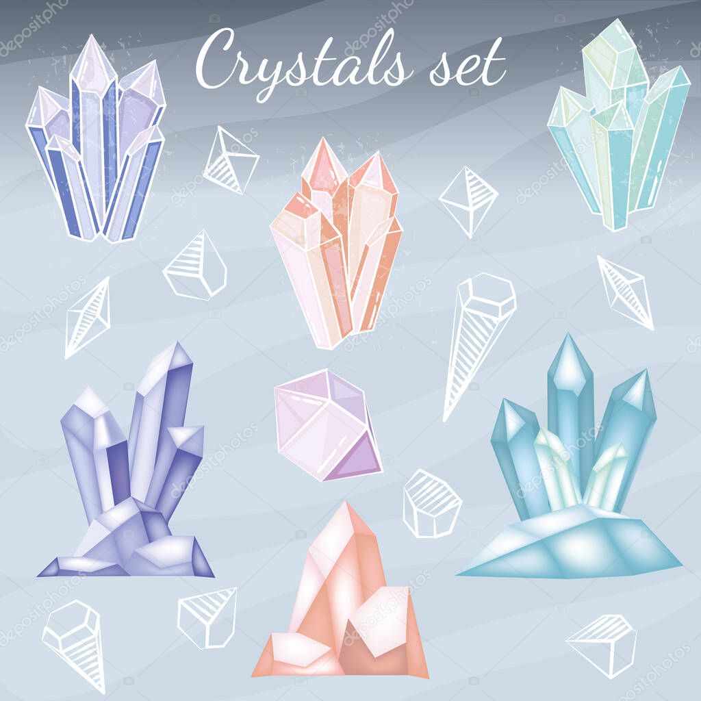 A set of crystals of different shades and different techniques. Linear images. Gradient. Tone. For gaming locations and more. Magic and mineral crystals,Gems. Vector illustration.