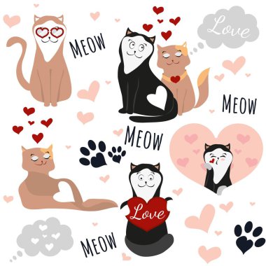 Sevgililer Günü için çizilmiş kediler. Çizgi film tarzında vektör illüstrasyonu. Sevgi. Kalplerin arka planında sevimli ve komik kediler.