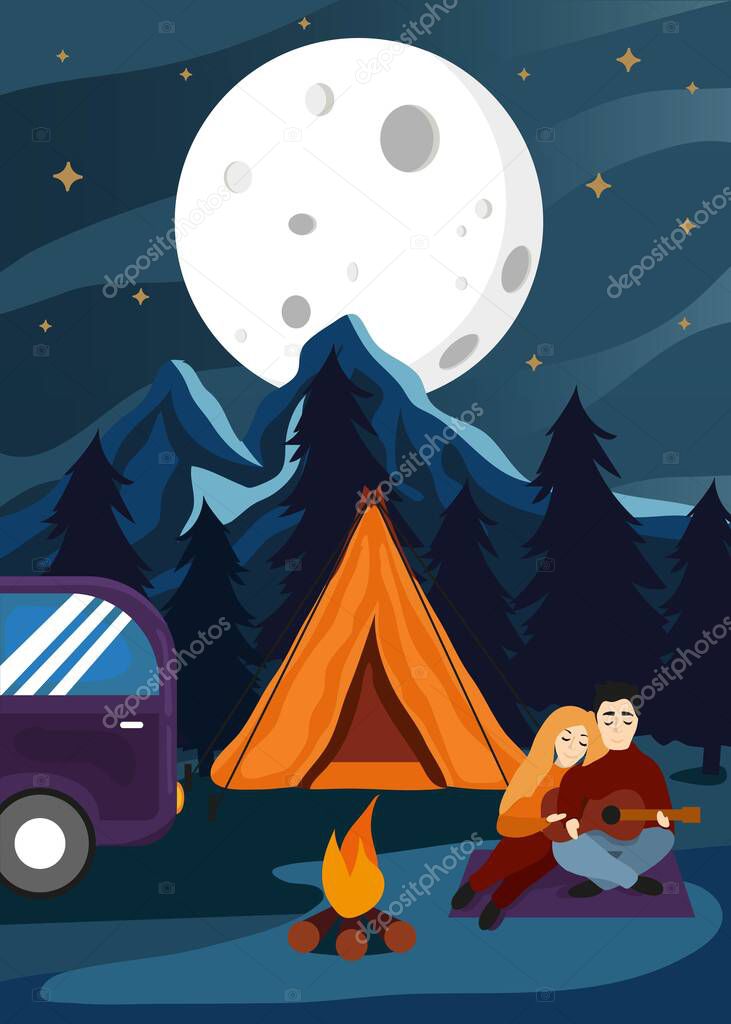 Happy Valentine's Day! A loving, happy, resting couple sits by the fire with a guitar against a background of mountains. The 14th of February. Night camping. Travel. Hug Day.