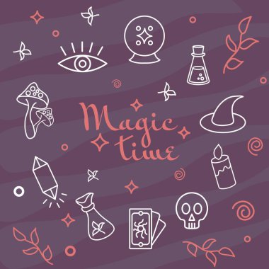 Bir dizi mistik ve sihirli element. Vektör çizimi. Falcılık ve sihir malzemeleri. Kristal top, kazan, mumlar, kartlar. Büyücülüğün sembolü. Pankart, poster ve kartlara uygun.