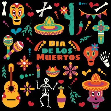 Vector Dia de Los Muertos. Set for the celebration of the day of the dead. Decorated skulls, flowers, skeleton, cactus, sambrero, tequila, guitar. Vector illustration background. Halloween. clipart
