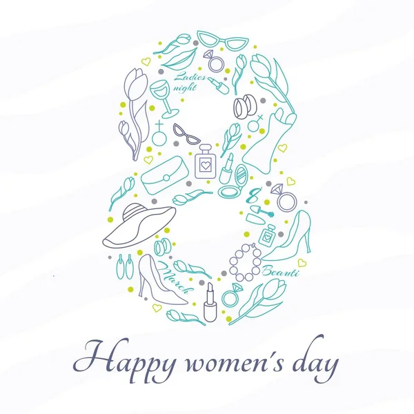 Feliz Día Mujer Marzo Día Mujer Ilustración Vectorial Iconos Lineales — Vector de stock