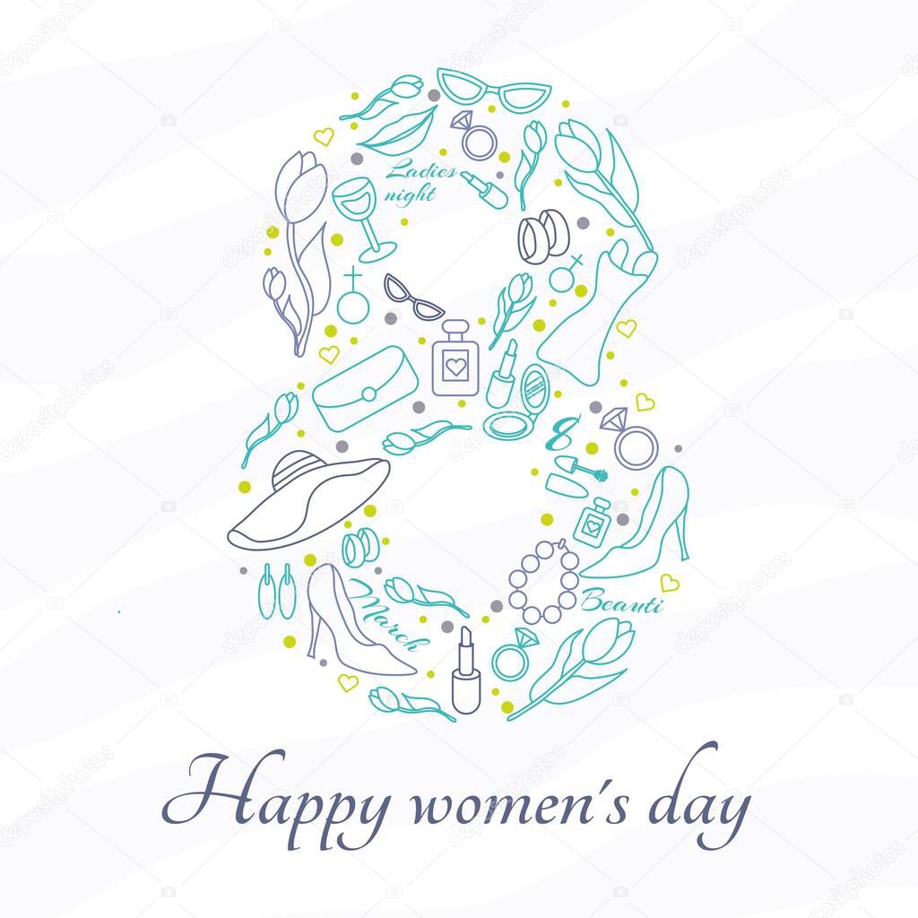 Happy Women's Day. March 8 women's day. Vector illustration of linear icons. Congratulations to mothers, grandmothers, girls, women. Modern postcard. Spring, warm color palette. Elegant invitation.