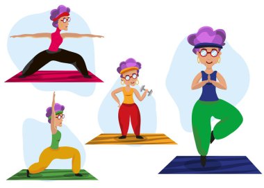 Emeklilerin aktif ve sağlıklı yaşam tarzı. Jimnastik yapan bir büyükanne seti. Sabah sporu. Vektör çizimi. Sağlığa. Spor..