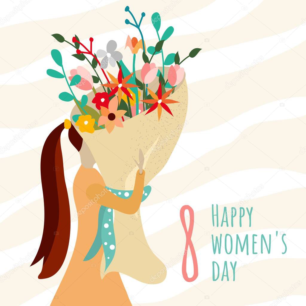 Happy International Women's Day. March 8. Girl holding a beautiful spring bouquet of flowers. Flat vector illustration. Postcard with a woman hugging a bouquet of flowers. Holiday gift.