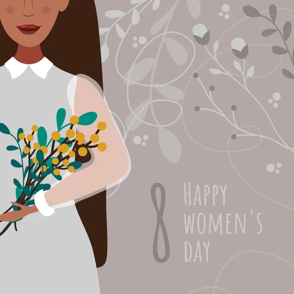 国際女性デーおめでとうございます 3月8日 女の子はミモザの美しい春の花束を持っています フラットベクトルイラスト ポストカードの女性の花の花束を抱いている 休日の贈り物 — ストックベクタ