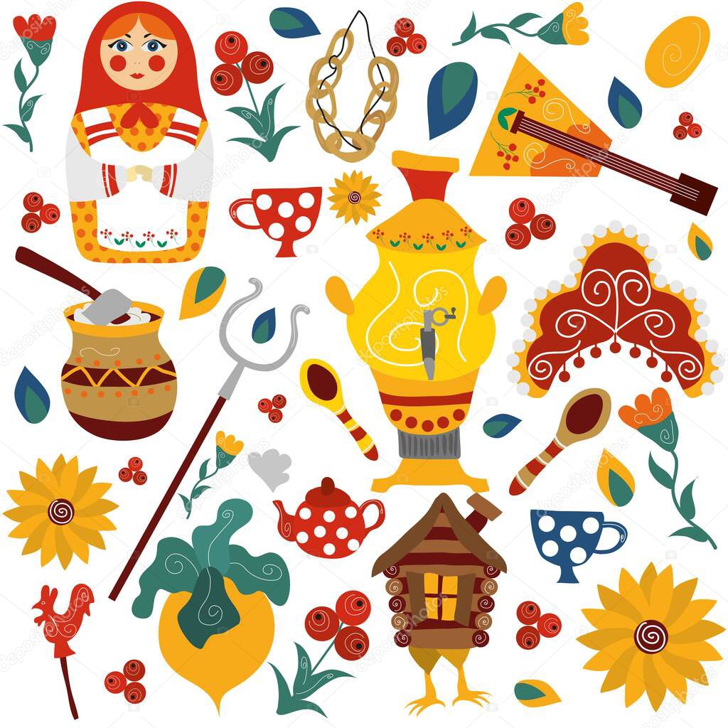 Vector Russian folk set. Balalaika, kokoshnik, samovar, nesting doll, hut on chicken legs. Vector, decorative illustration. Folklore. Print on T-shirt, textiles, wallpaper and other surfaces.