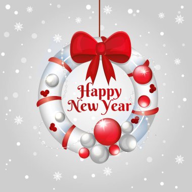 Noel çelengi oyuncaklar, böğürtlenler ve bir yayla süslenmiş. Davetiye, pankart veya poster olarak kullanılabilecek Yeni Yıl vektör ilüstrasyonu.