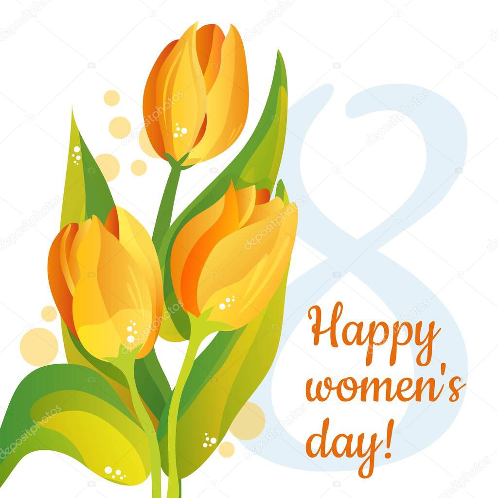 Postcard for Women's Day on March 8. Yellow tulips. Spring, vector illustration. Postcard. International Women's Day.Template for advertising, web, social media and fashion advertising.