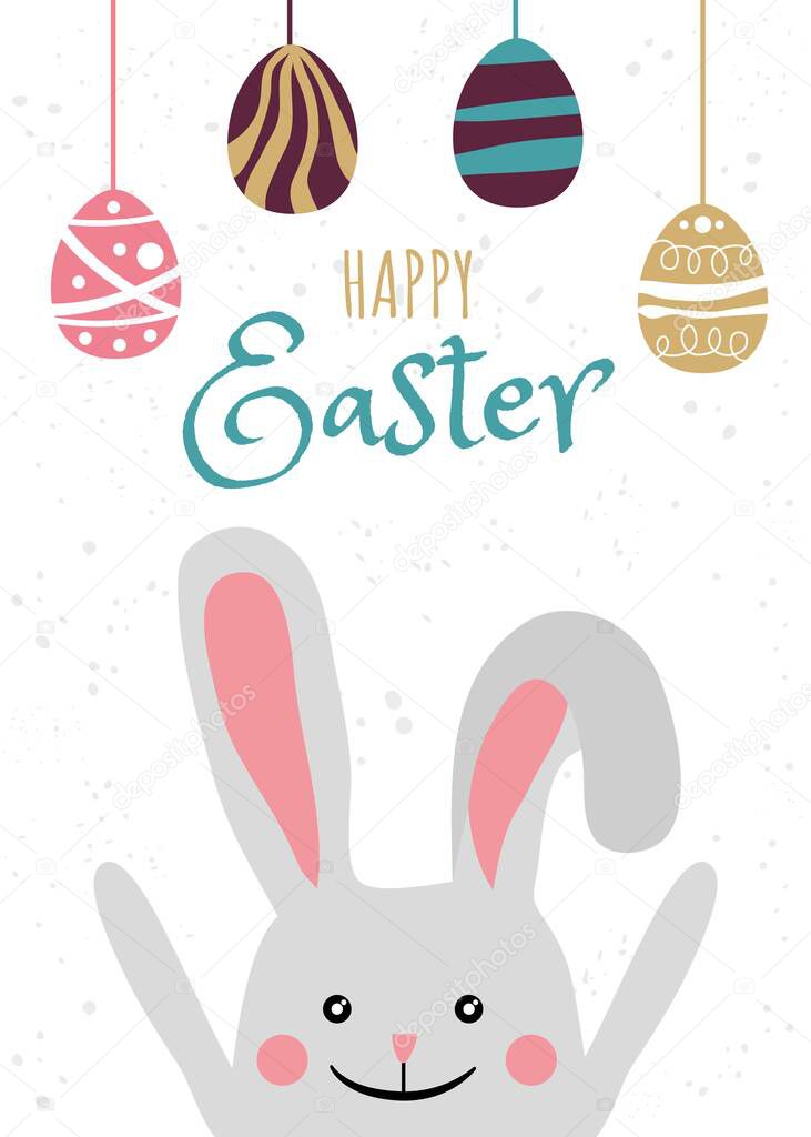 Happy easter. Ready postcard for the holiday. Rabbit, Easter eggs. Spring, a religious holiday. Easter poster and banner template for Easter. Template for promotion.