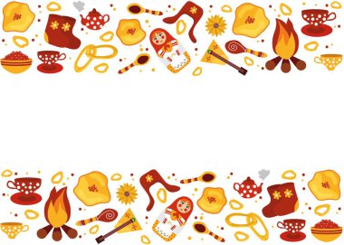 Maslenitsa. Rus tatili. Tatil için arka plan. Karnaval için güzel kartpostal. Krep, ateş, çay, balalayka, matruşka, lolipop, kırmızı havyar. Kışın gidişini görmek. Millet, neşeli şenlikler.