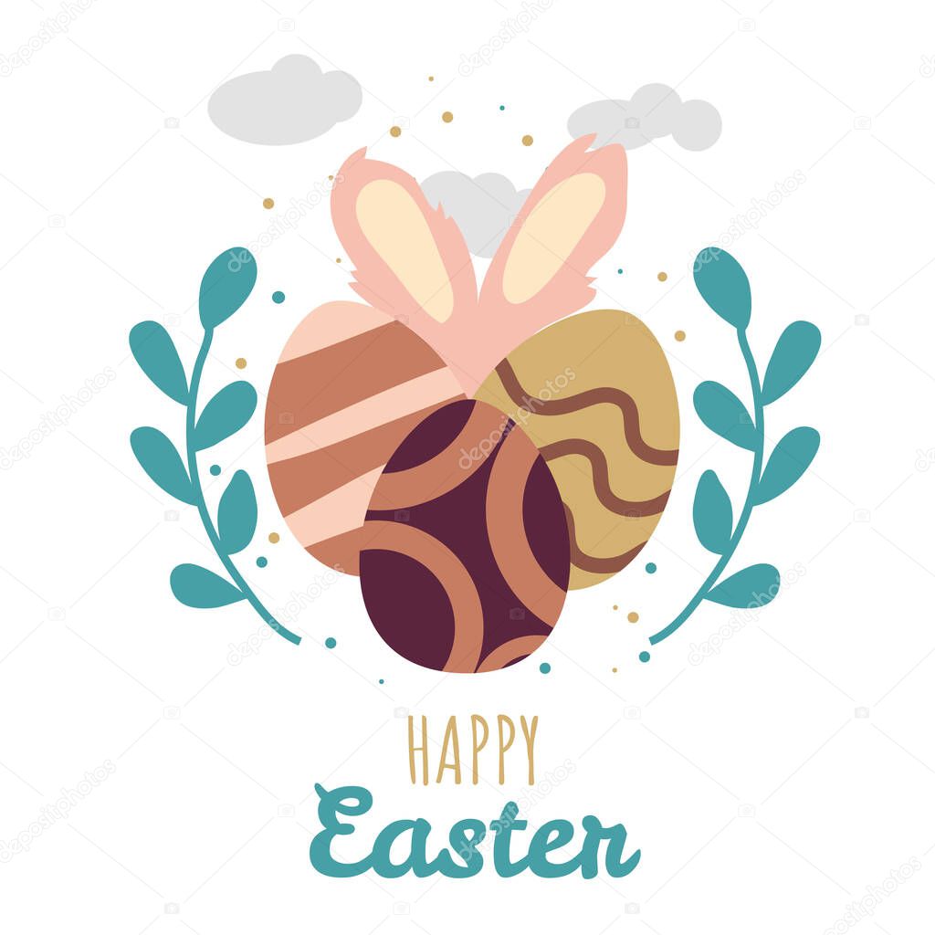 Happy easter. Ready postcard for the holiday. Rabbit ears, Easter eggs. Spring, a religious holiday. Easter poster and banner template for Easter. Template for promotion. Festive decoration.