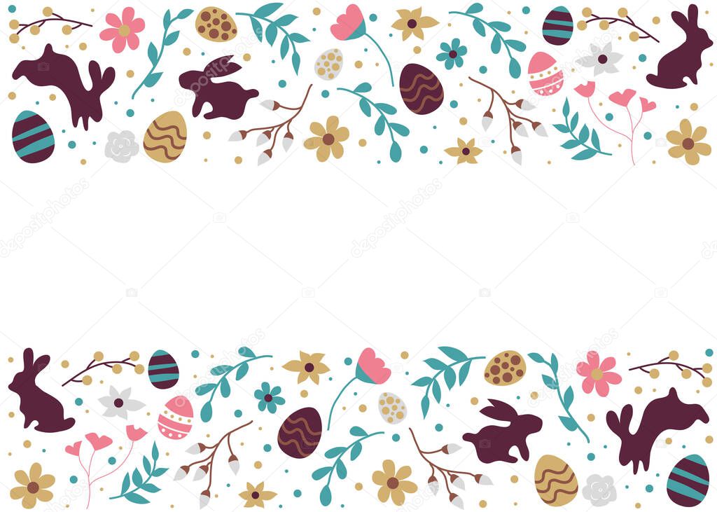 Happy easter. Ready postcard for the holiday. Rabbit, Easter eggs, flowers, pussy willow, mimosa. Spring, a religious holiday. Easter poster and banner template for Easter. Place for signature.