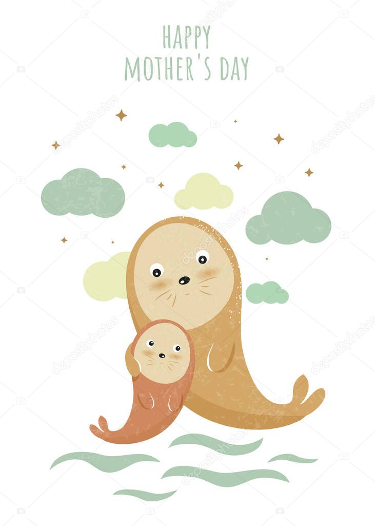 Happy Mother's Day. Cute postcard for the holiday. Gift for mom. I love you. Postcard, banner, print, design for typography. Cute vector illustration. Seal. Sea life.